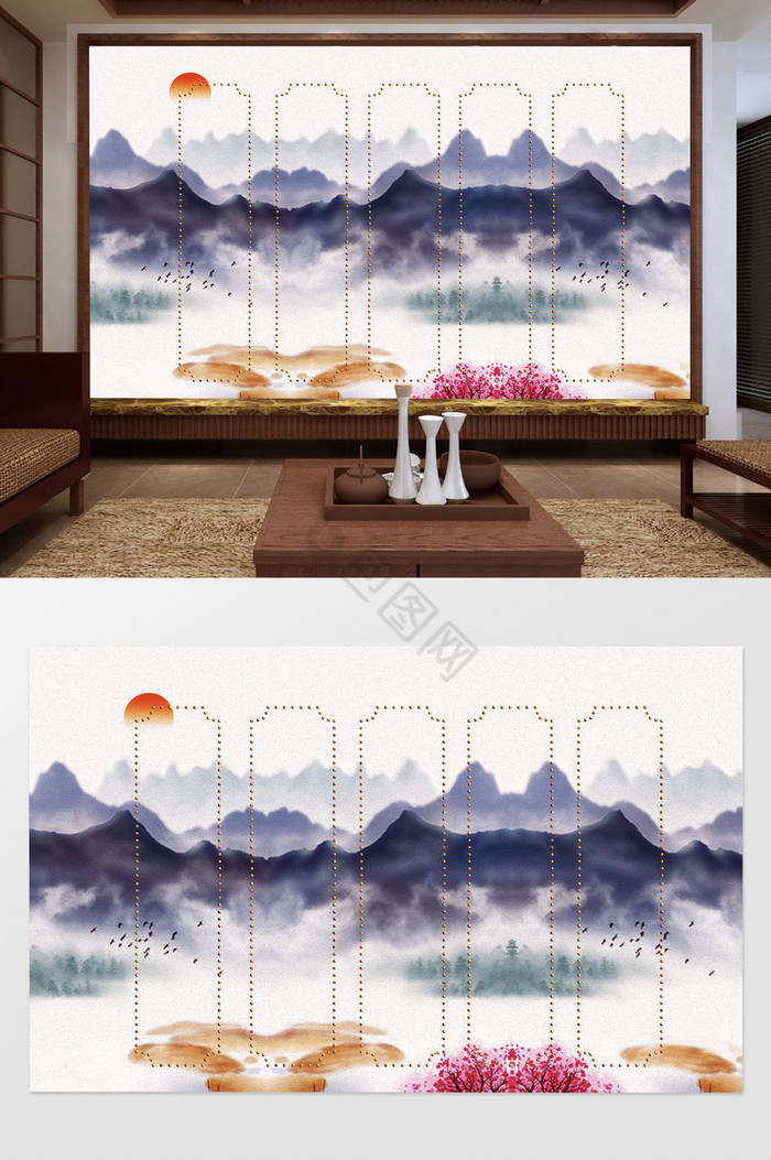 新中式意境水墨山水风景粉色花客厅背景墙图片
