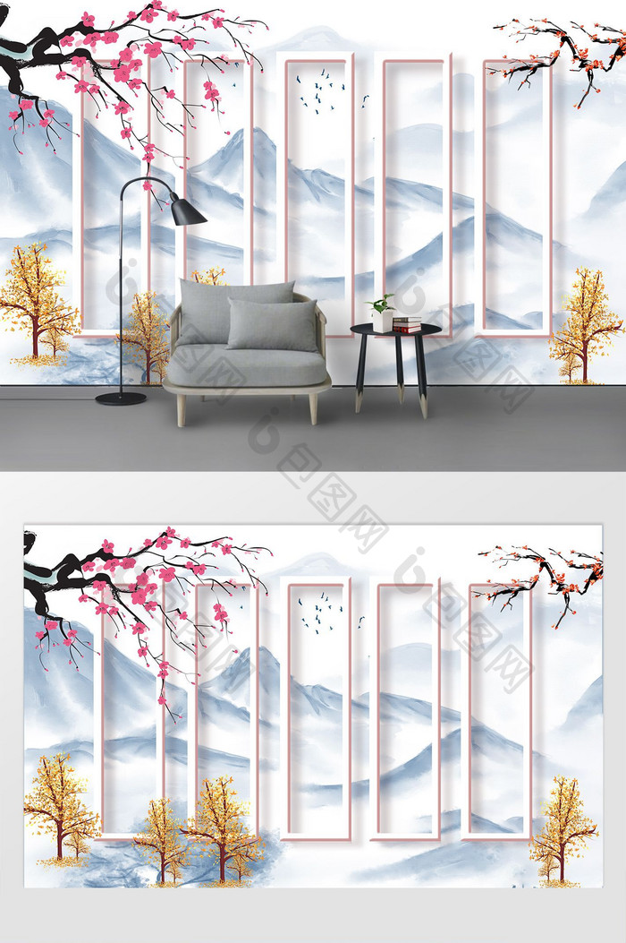 新中式水墨山河粉色花枝竹子金箔客厅背景墙