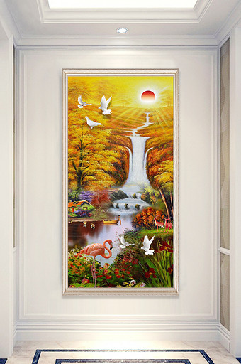 中式金秋山水画火焰鸟鸽子玄关装饰画图片