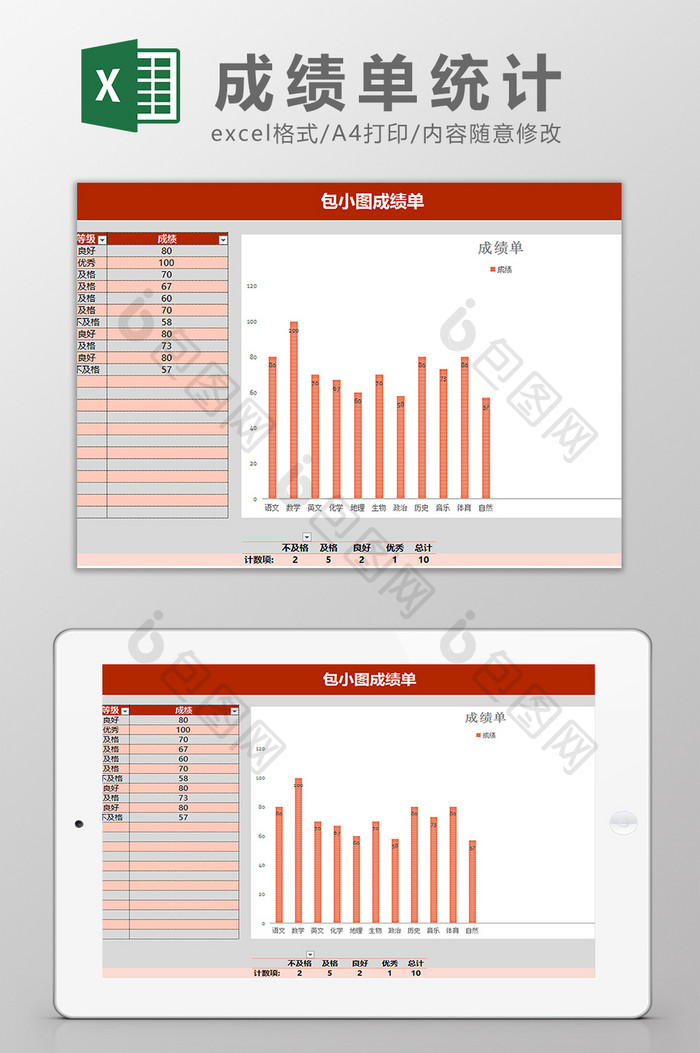 红色学校通用个人成绩统计单Excel模板