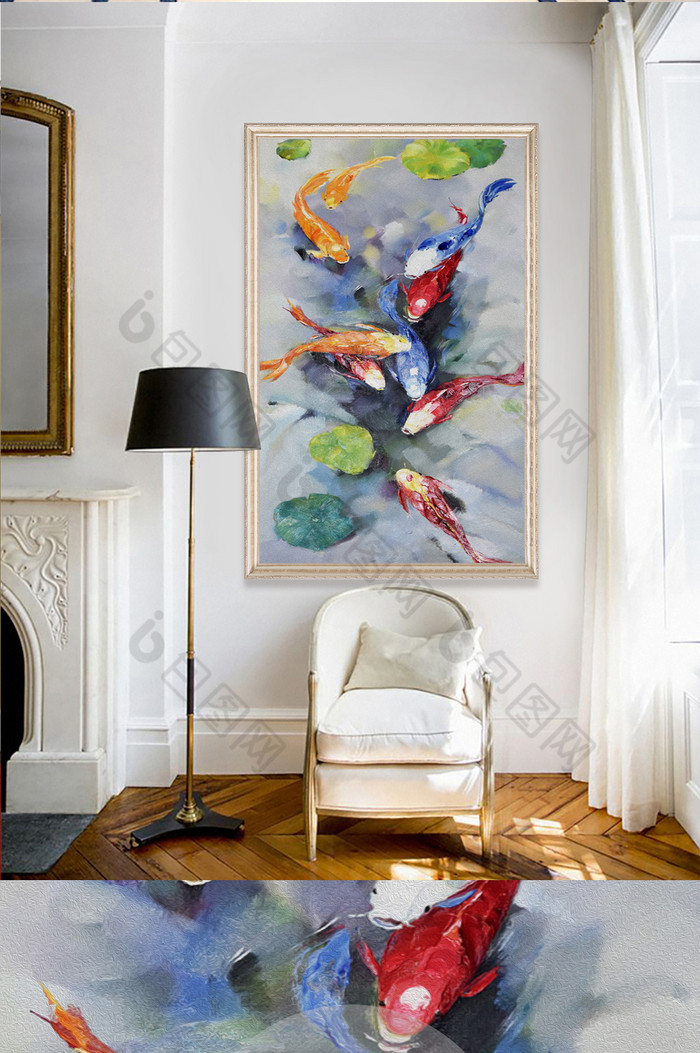 中式水彩手绘水墨画荷花九龙鱼玄关装饰画