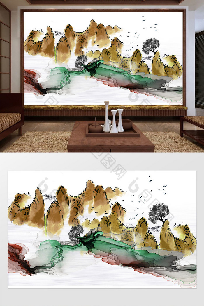 中式山水意境抽象背景墙