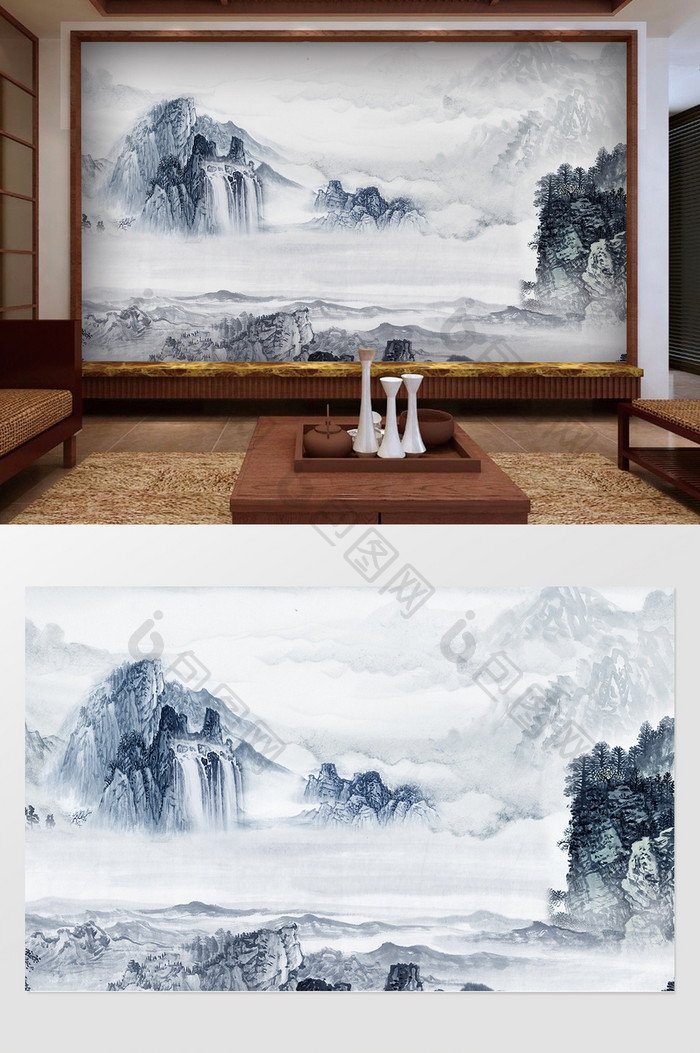 中式蓝色山水抽象风景国画