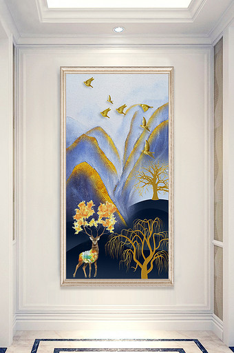 新中式水墨金山山水树木小鹿风景玄关装饰画图片