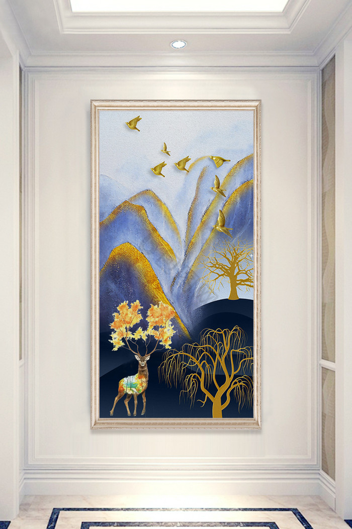 新中式水墨金山山水树木小鹿风景玄关装饰画图片
