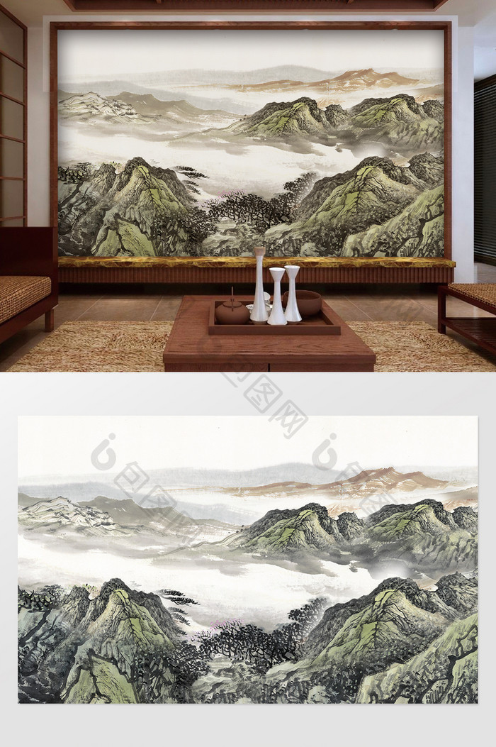 山水国画新中式抽象风景背景墙装饰画