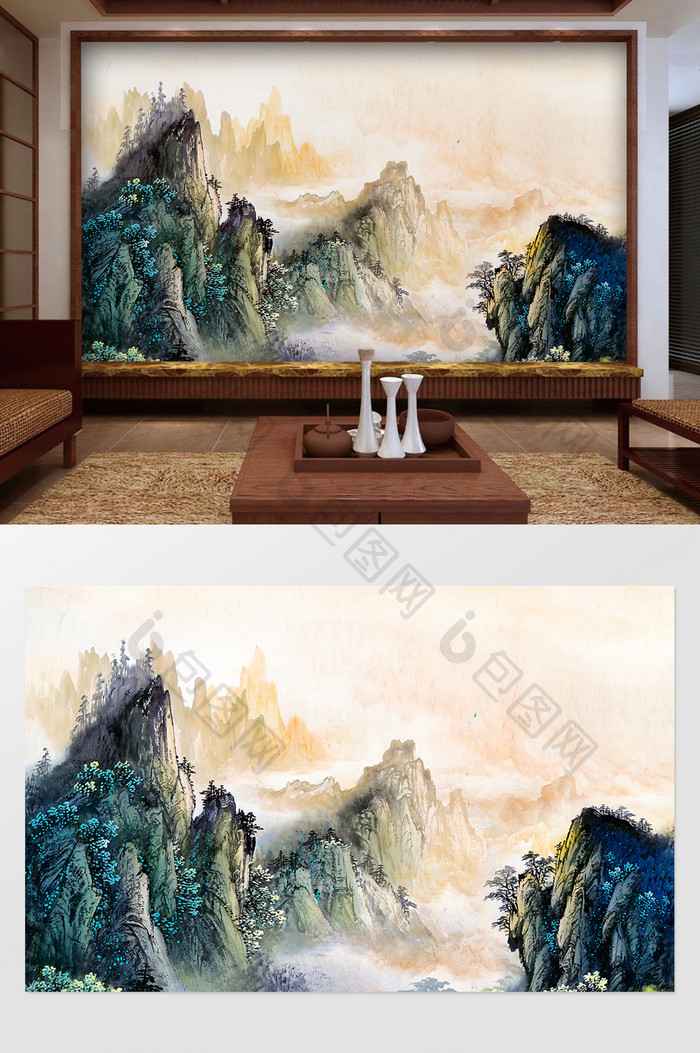 抽象新中式山水国画风景背景墙装饰画