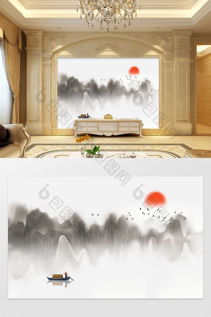 新中式水墨烟丝小舟飞鸟抽象山水背景墙