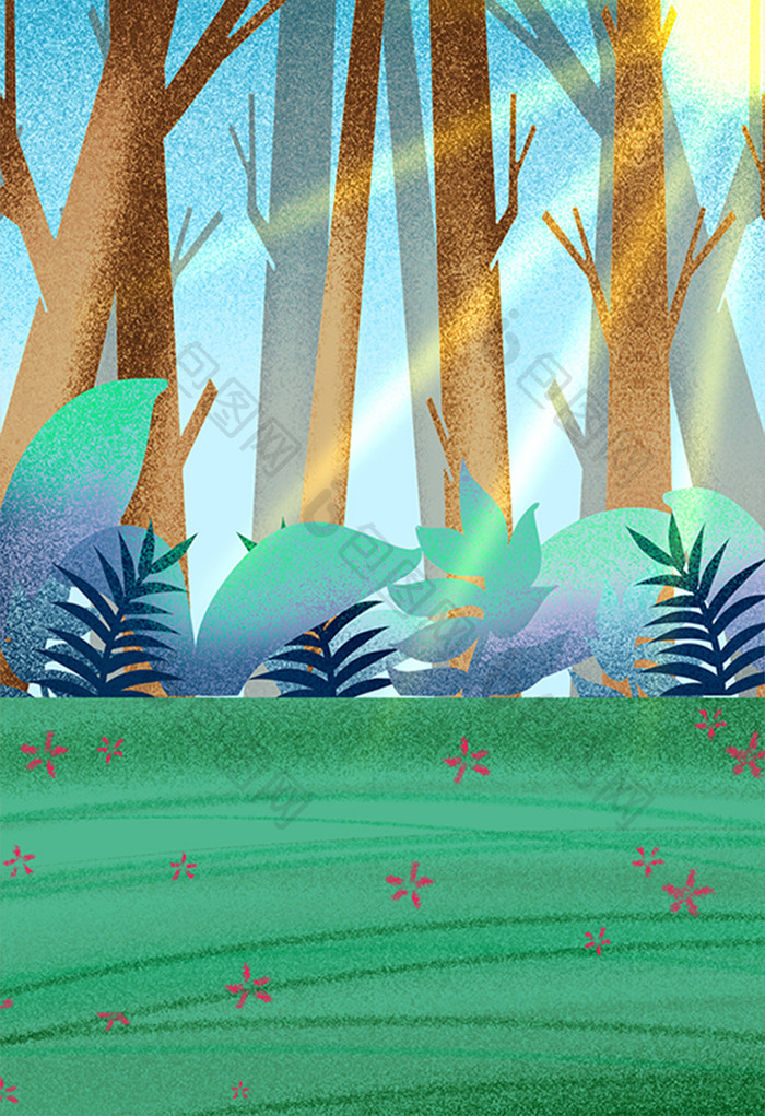 手绘阳光树林插画元素