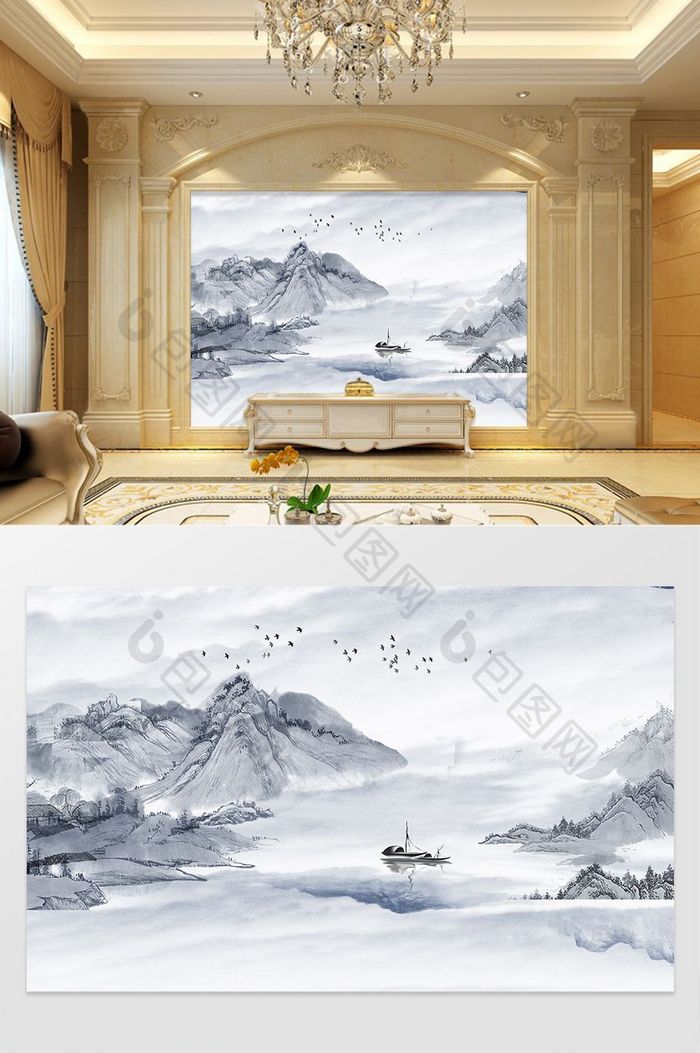 新中式抽象水墨国画装饰画背景墙