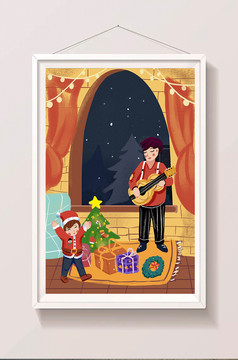 夜晚街景圣诞节男孩熊插画