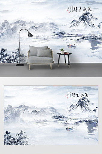 新中式抽象蓝色艺术装饰画背景墙图片