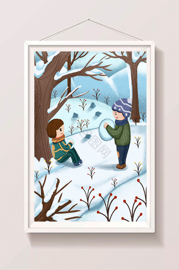 立冬雪景儿童推雪人插画