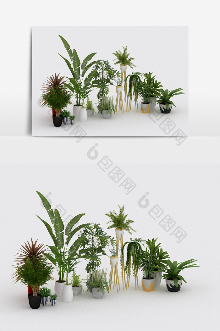 【现代简约植物盆栽陈设饰品组合3d模型】图片下载-包图网
