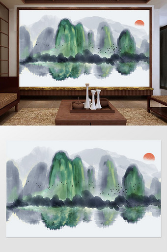 新中式绿色创意山峦定制电视背景墙图片