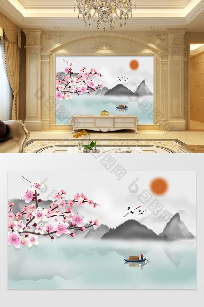 新中式唯美山峦粉色花枝飞鹤定制电视背景墙