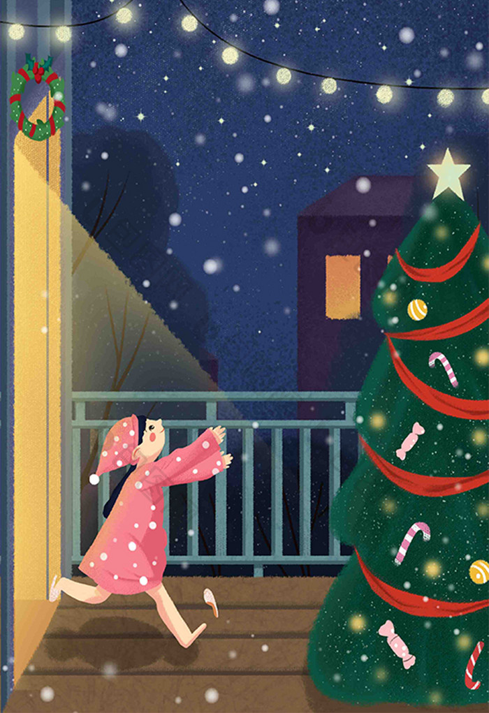 夜晚冬日圣诞节圣诞树小女孩插画