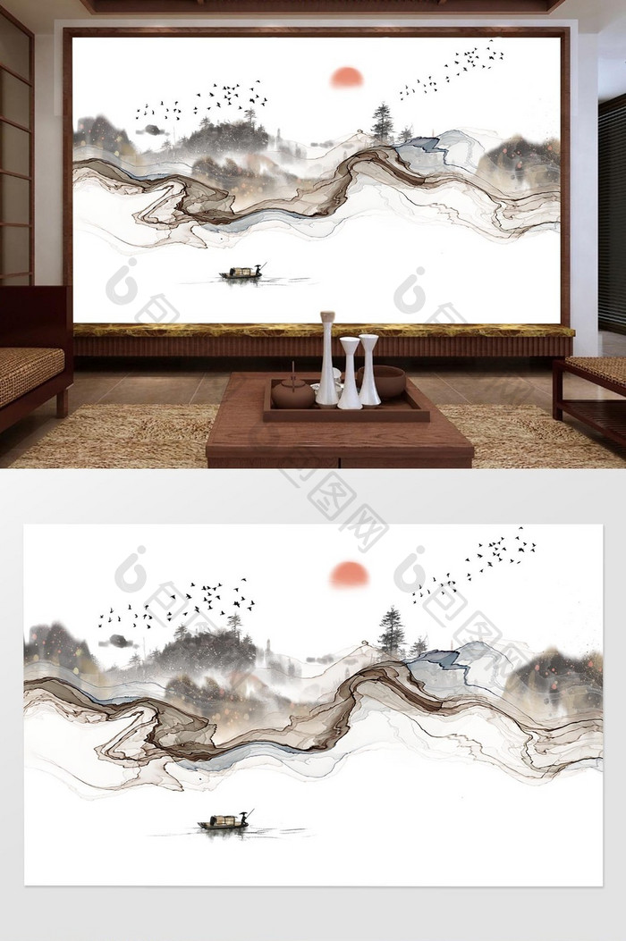 新中式水墨烟丝飞鸟抽象山水背景墙