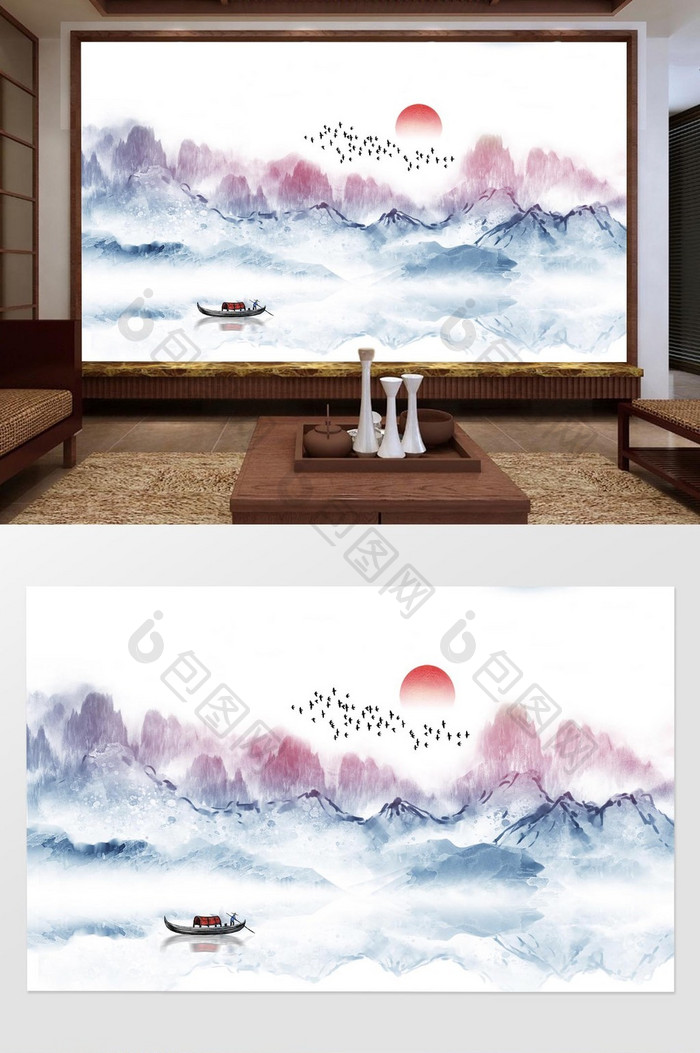 新中式唯美推晕飞鸟小舟抽象山水背景墙