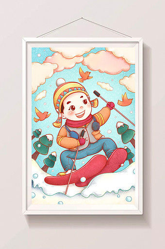 清新可爱冬季滑雪卡通漫画生活方式手绘海报图片