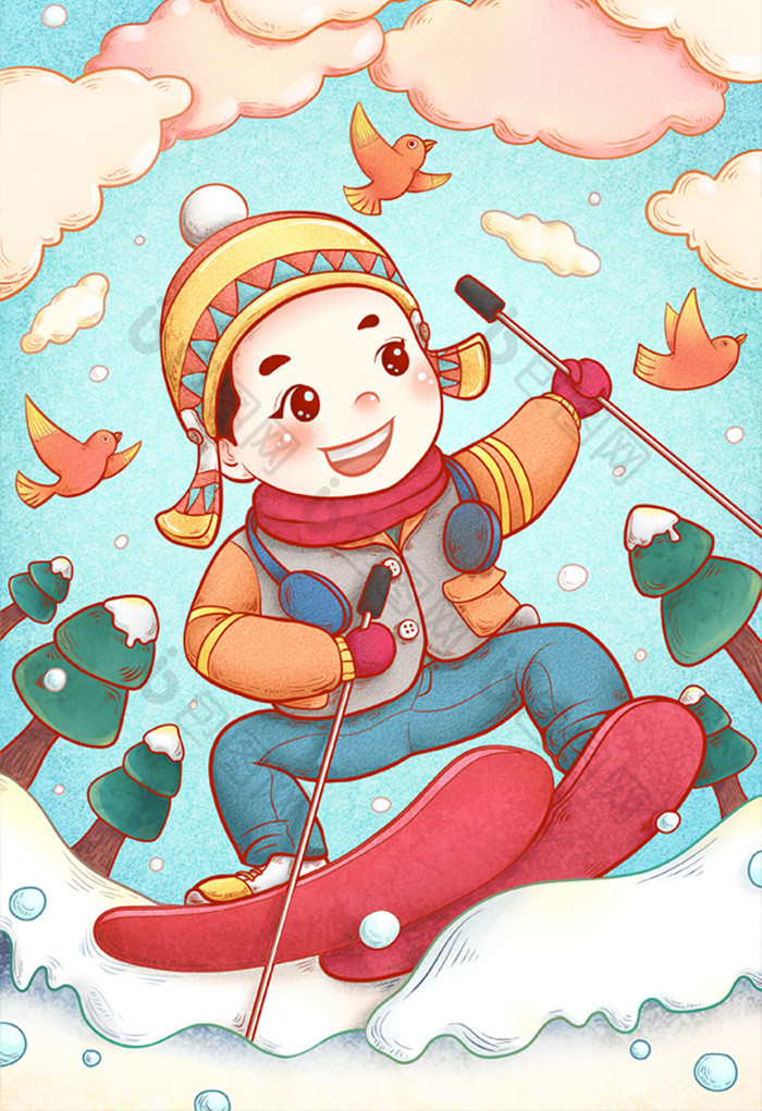 清新可爱冬季滑雪卡通漫画生活方式手绘海报