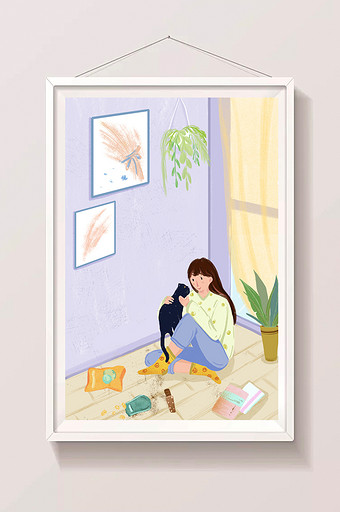 暖色调室内生活方式撸猫吃零食看书插画图片