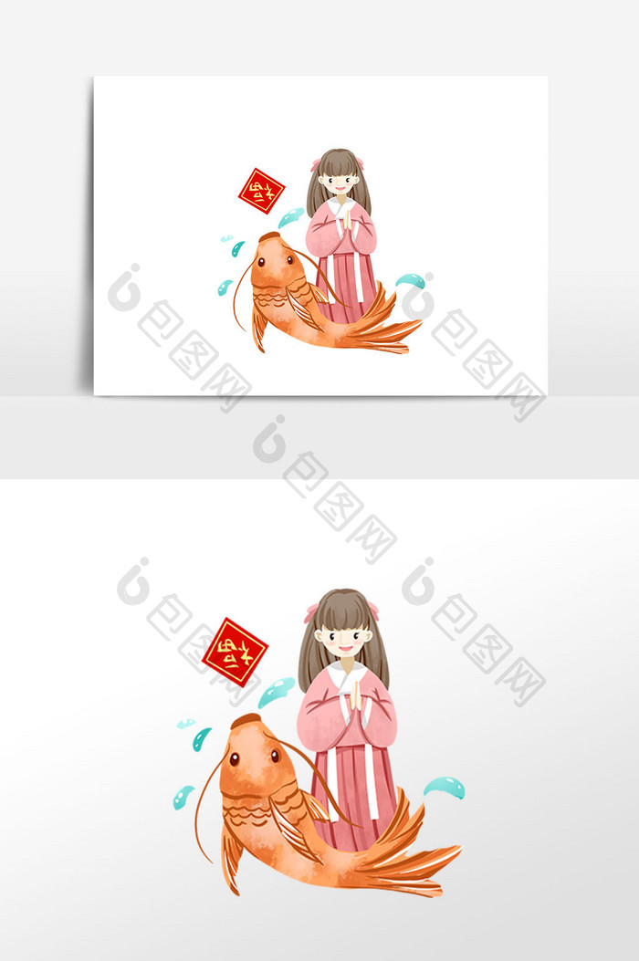 手绘春节锦鱼女孩拜新年插画素材