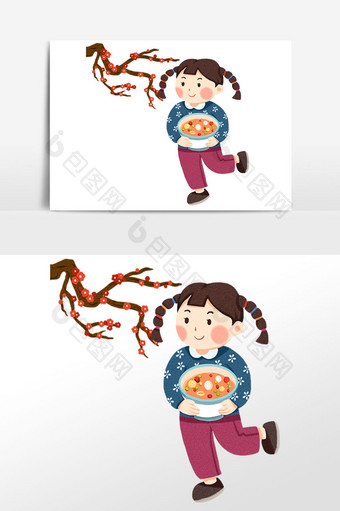 手绘腊八节端腊八粥的女孩插画素材图片