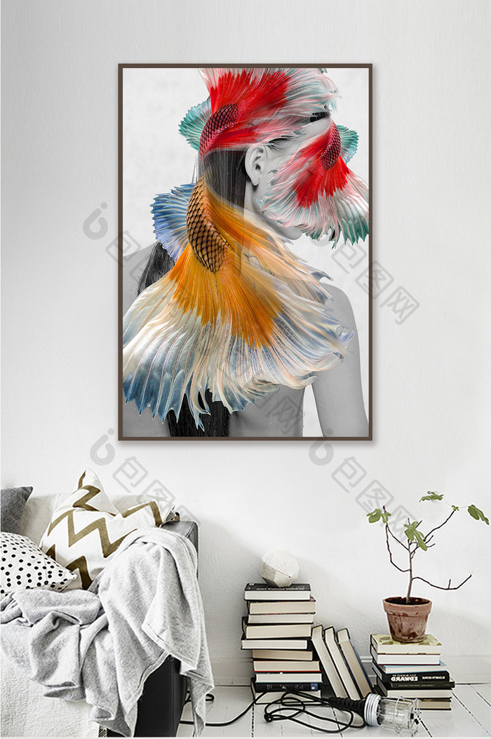 北欧抽象意境孔雀鱼美女装饰画
