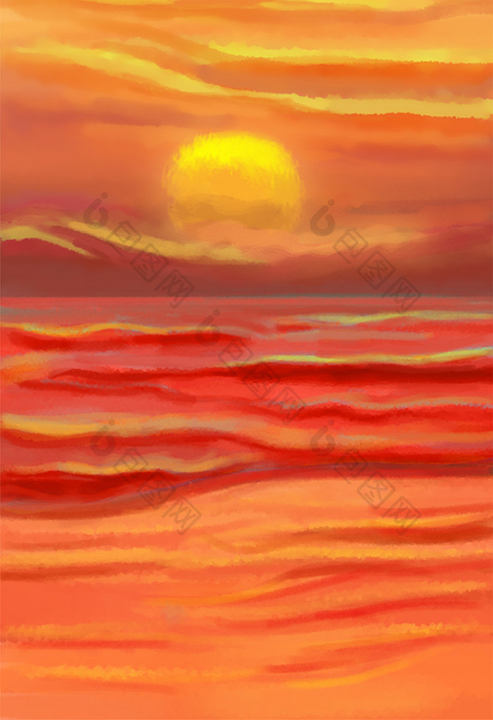 唯美海洋日落插画背景