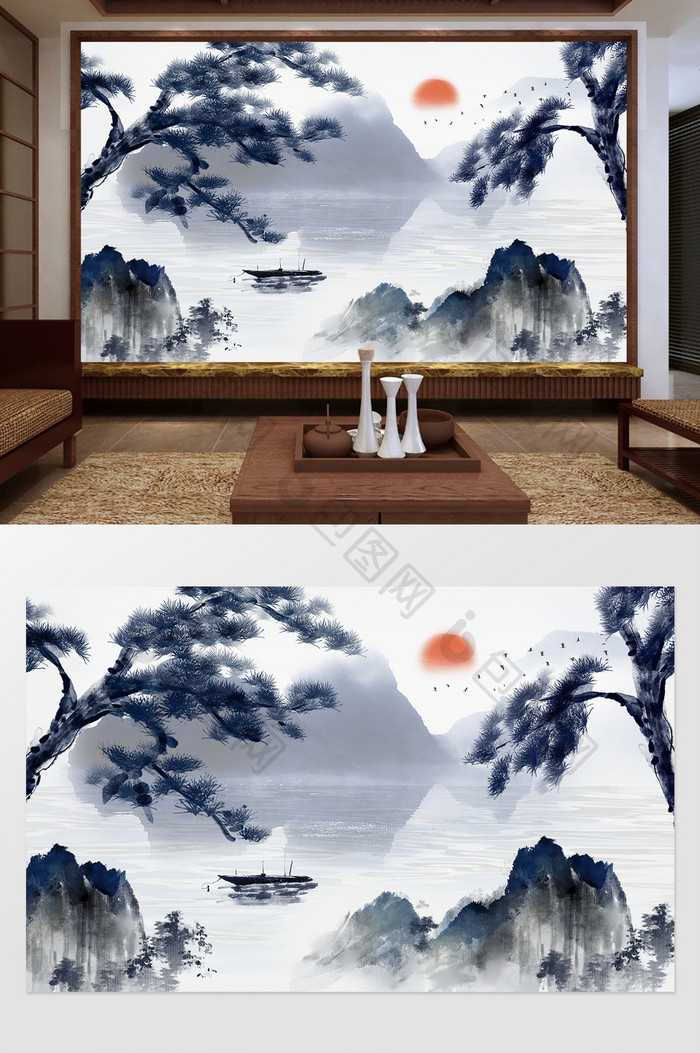 新中式蓝色唯美山水风景画定制背景墙