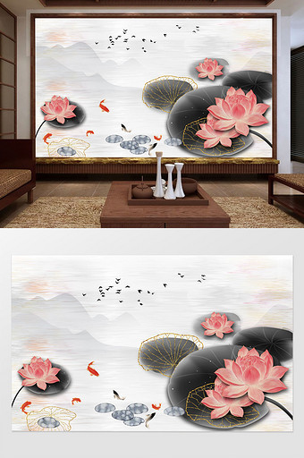新中式水墨荷花金色荷叶鸟群意境鲤鱼背景墙图片
