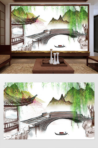 中式山水亭桥下船儿背景墙图片