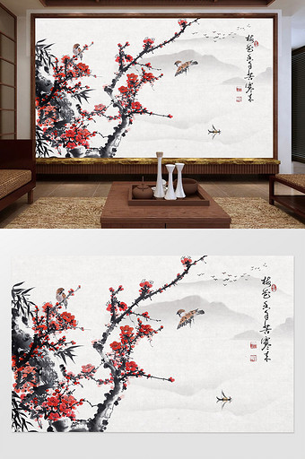 中国风水墨手绘工笔花鸟山水电视背景墙图片