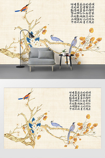 中国风简约工笔手绘花鸟背景墙图片