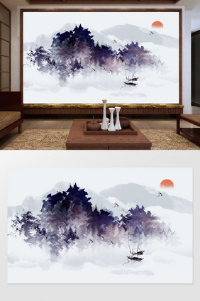 新中式紫色创意波纹山峦燕子背景墙