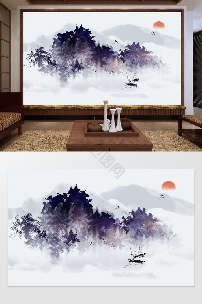 新中式紫色创意波纹山峦燕子背景墙图片