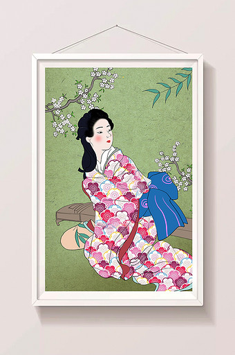 小清新弹琴美女樱花青竹日式浮世绘图片