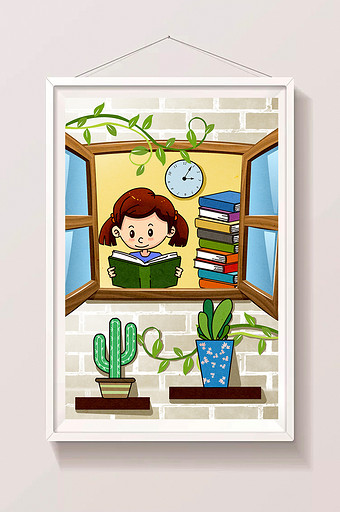 生活方式努力读书窗口书本绿植时钟手绘插画图片