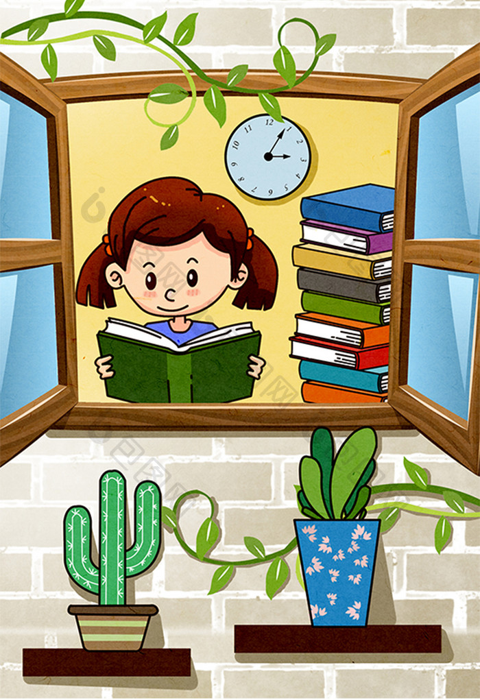 生活方式努力读书窗口书本绿植时钟手绘插画