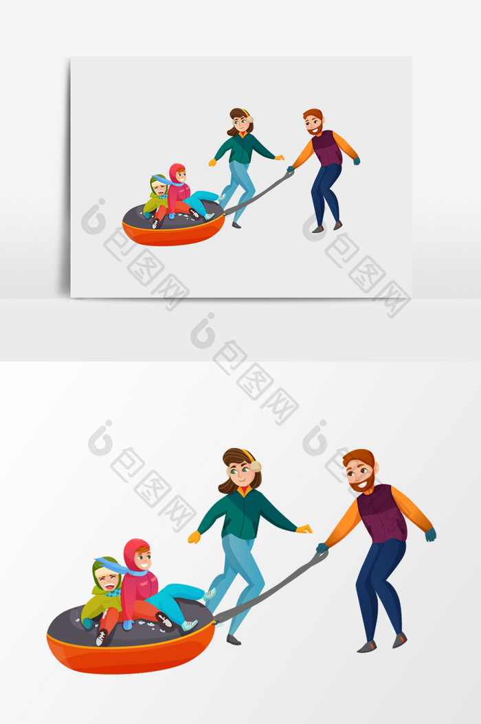 冬天一家人外出滑冰插画