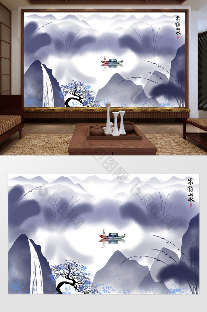 中式蓝色抽象山水画客厅背景墙