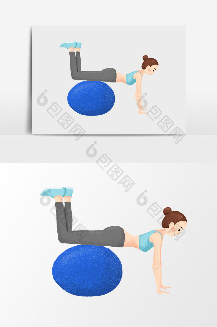 蓝色女生健身练瑜伽瑜伽球插画