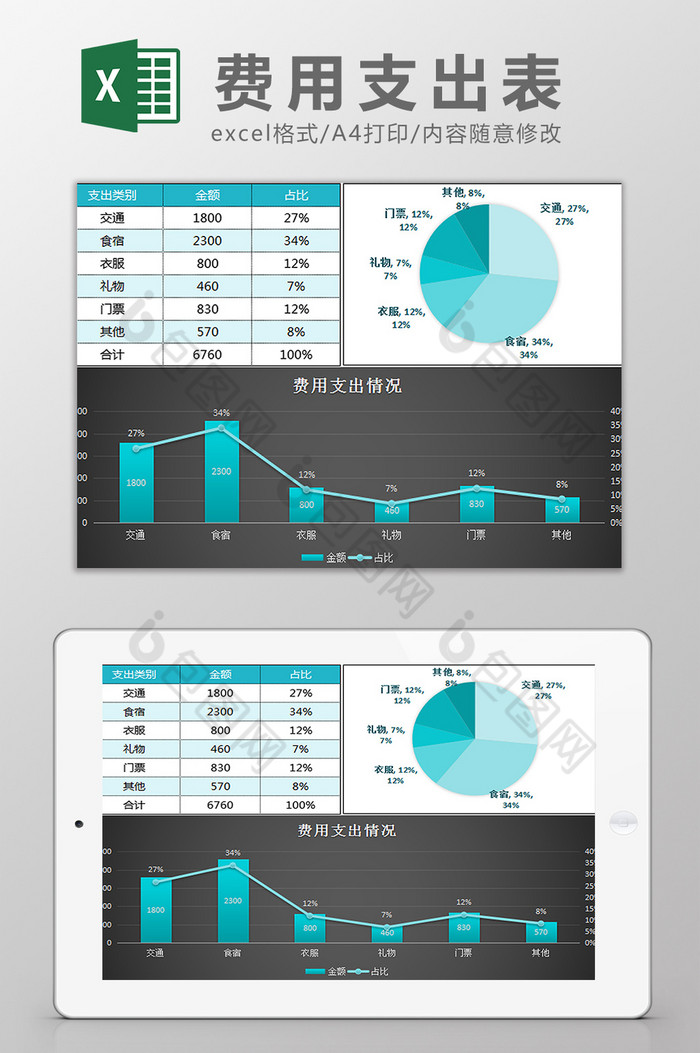 个人生活费用支出总结图表Excel模板图片图片