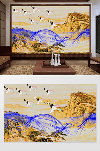 中式山川抽象意境创意白鹤背景墙图片