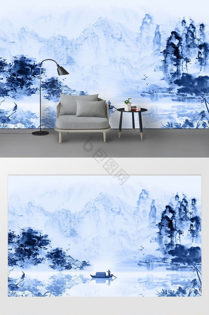 中式山水飞鸟背景墙图片