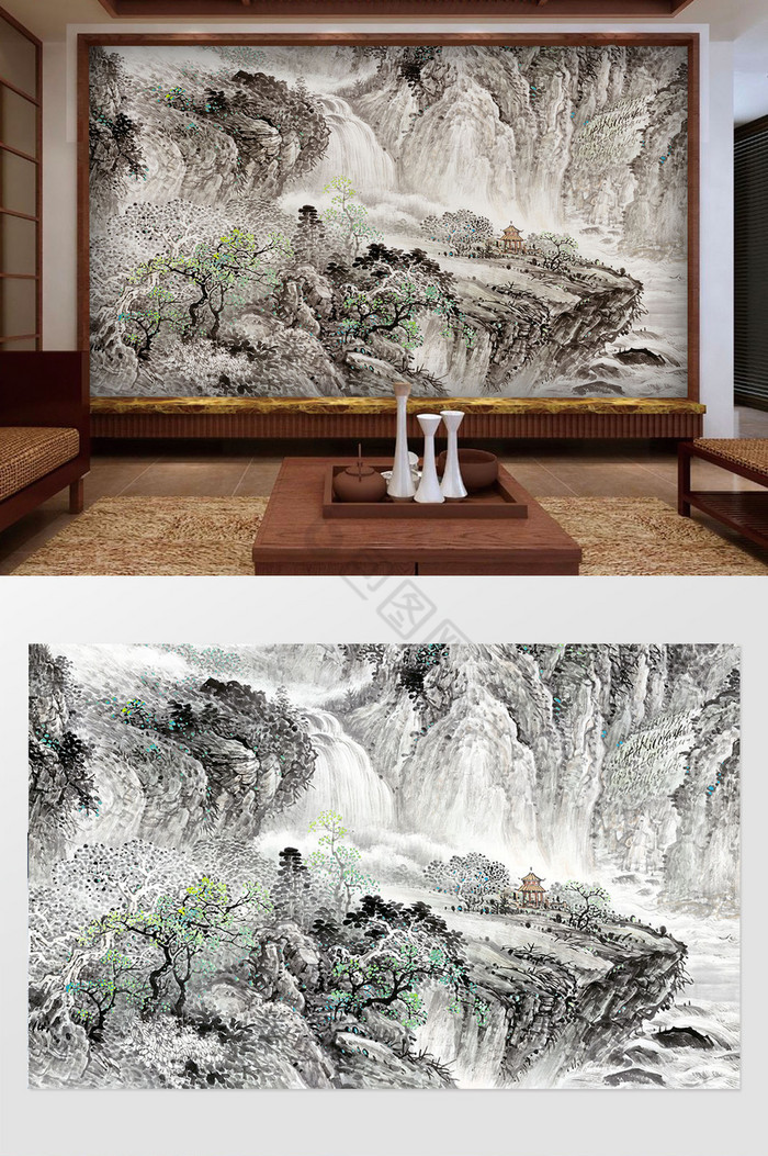 新中式国画山水素色背景墙图片