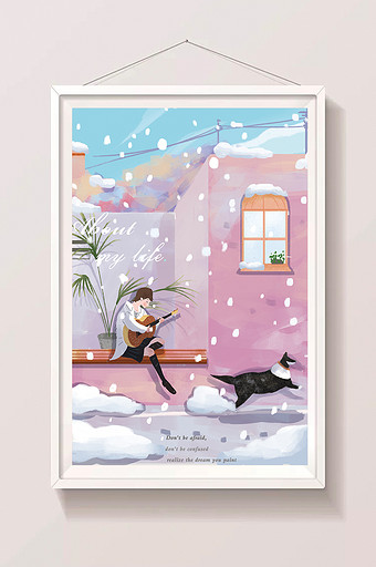 冬季雪景少女弹吉他手绘扁平插画图片