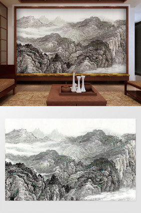 中式山水国画风景抽象背景墙壁画