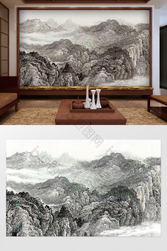 中式山水国画风景抽象背景墙壁画